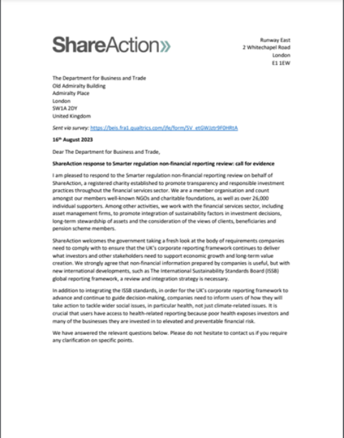 Non financial Reporting Consultation Response Cover Letter